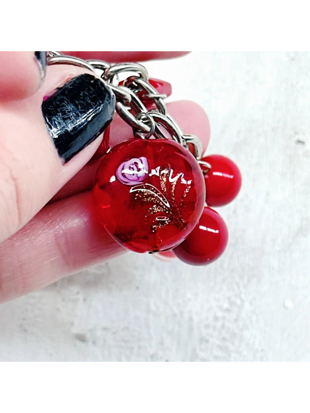 3062u. Red Lampwork Bracelet Floral